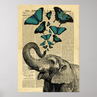 Poster Vintag Elephant Butterfels auf Zeitung