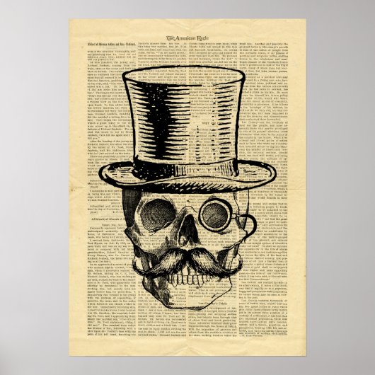 Poster Vintag Skull Hat Mustache in Zeitungen (Vorne)