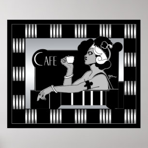 Poster Vintage Café Art Deco Streifen Schwarz