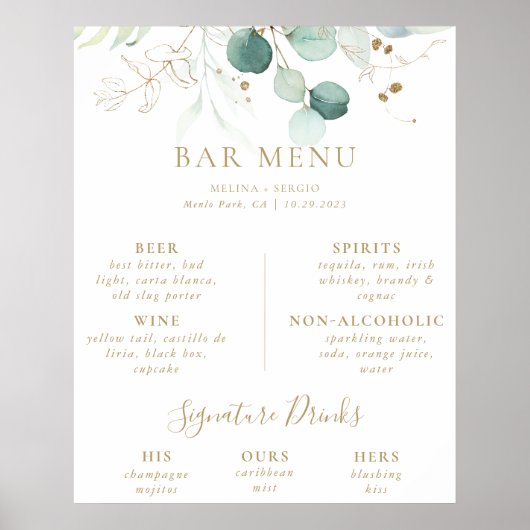 Poster vom Gold Green Eucalyptus Wedding Bar Menu (Vorne)