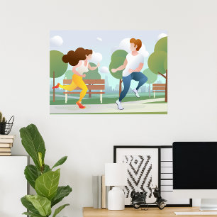 Poster von einem Paar, das durch einen Park joggt