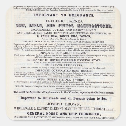 Poster-Werbung für Emigranten Quadratischer Aufkleber (Vorderseite)