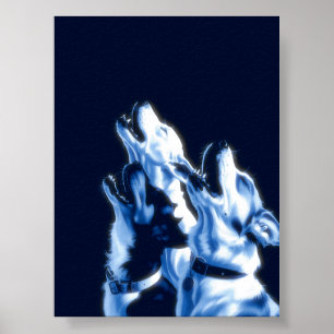 Posterprint Wandkunst mit heulenden Hunden in blau Poster