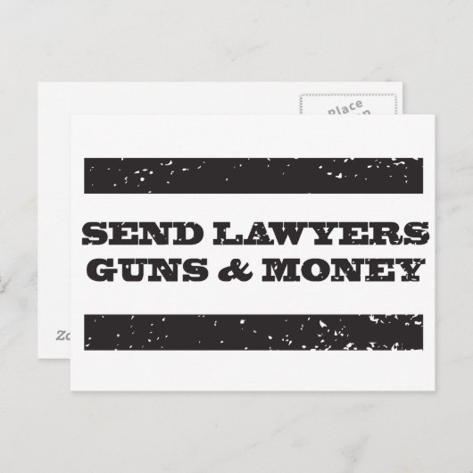 Postkarte - Anwälte Waffen und Geld schicken (Vorne/Hinten)
