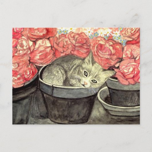 Postkarte Aquarell "Kätzchen im Blumentopf" (Vorderseite)
