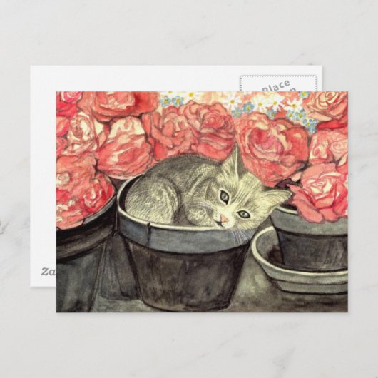 Postkarte Aquarell "Kätzchen im Blumentopf" (Vorne/Hinten)