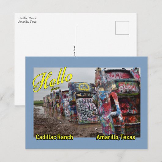 Postkarte der Cadillac Ranch in Amarillo, Texas (Vorne/Hinten)