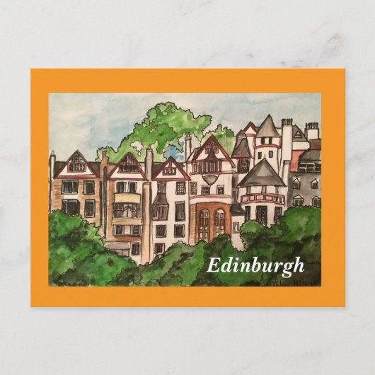 Postkarte Edinburgh (Häuser neben Schloss) orange (Vorderseite)