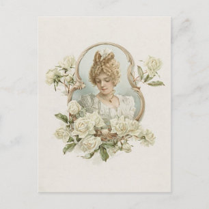 Postkarte Frau mit weißen Rosen
