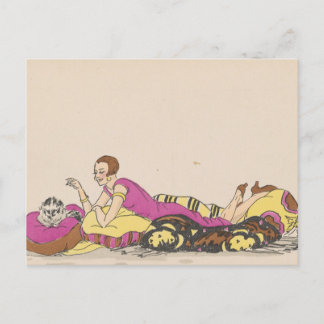 Postkarte - Frau und Katze - französischer Künstle