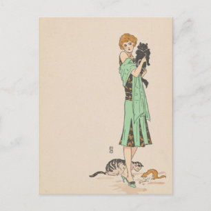 Postkarte - Frau und Katzen - französischer Künstl