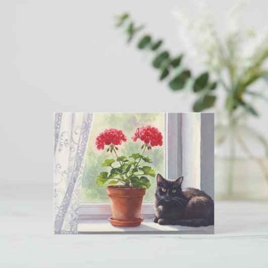 Postkarte für Rotes Geranium und Schwarze Katzen (Stehend Vorderseite)