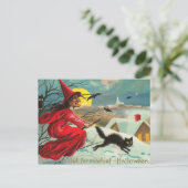 Postkarte für Vintage Hexe und Katze (Stehend Vorderseite)