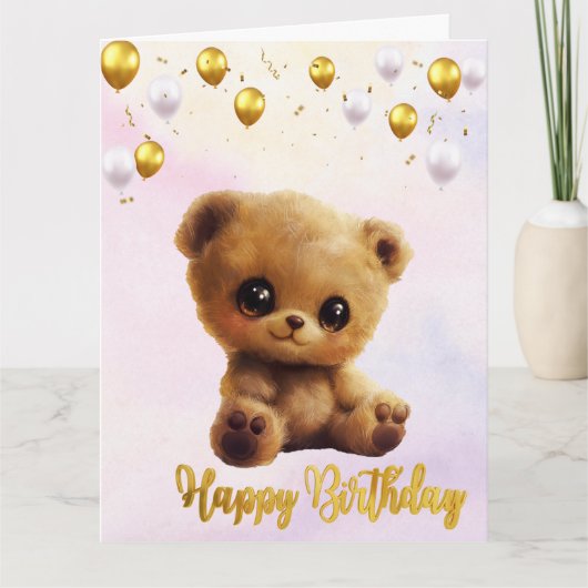 Postkarte "Happy Birthday" mit einem Teddybär. (Vorderseite)