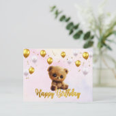 Postkarte "Happy Birthday" mit einem Teddybär. (Stehend Vorderseite)