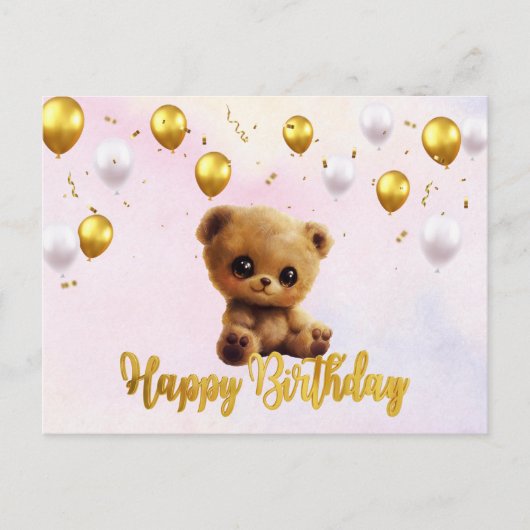 Postkarte "Happy Birthday" mit einem Teddybär. (Vorderseite)