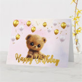 Postkarte "Happy Birthday" mit einem Teddybär. (Gelbe Blume)