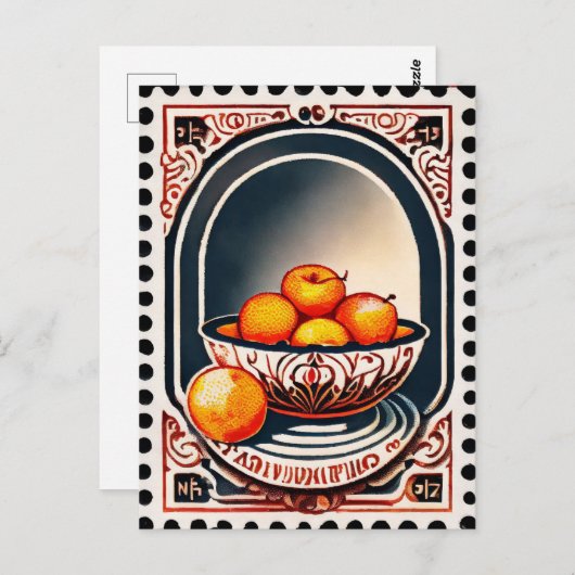 Postkarte im Stil der Briefmarke, Obst, Postüberga (Vorne/Hinten)