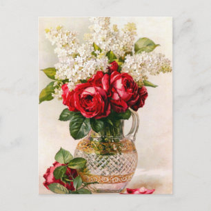 Postkarte mit alten roten Rosen und Baby’s Breath