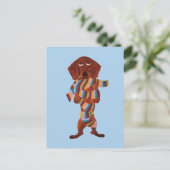 Postkarte mit Dachshund in Schal verheddert (Stehend Vorderseite)