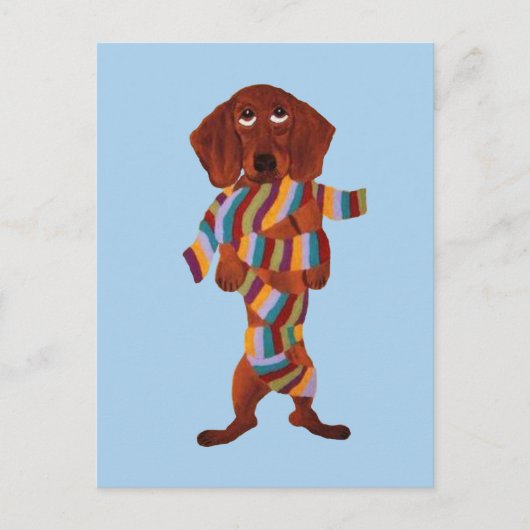 Postkarte mit Dachshund in Schal verheddert (Vorderseite)