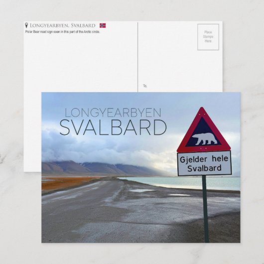 Postkarte mit Eisbären-Warnschild in Longyearbyen, (Vorne/Hinten)