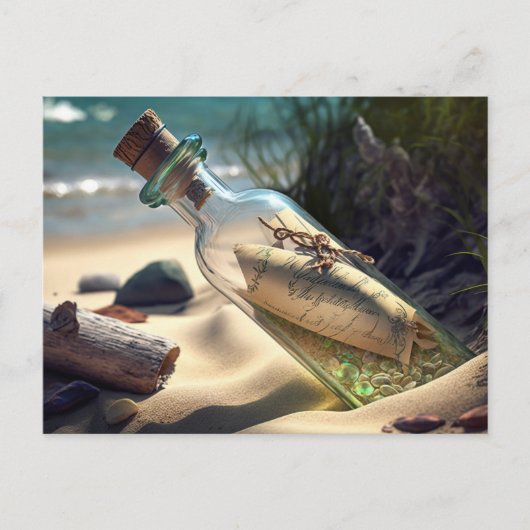 Postkarte mit Flaschenpost am Strand (Vorderseite)