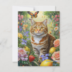 Postkarte mit getigerter Katze und Blumen