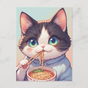 POSTKARTE MIT KATZE DIE RAMEN-NUDELN ISST