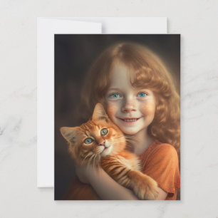 POSTKARTE MIT KLEINEM MÄDCHEN & ROTER KATZE 