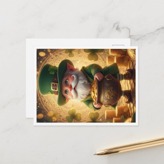 Postkarte mit Kobold und Goldtopf zum St. Patrick' (Vorderseite/Rückseite Beispiel)