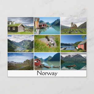 Postkarte mit Landschaften und Text: Norwegen