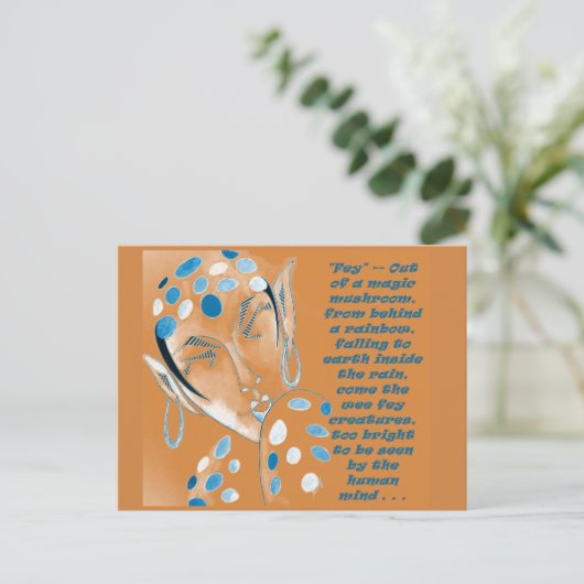 Postkarte mit Originalkunst — Orange Elf mit Text (Stehend Vorderseite)