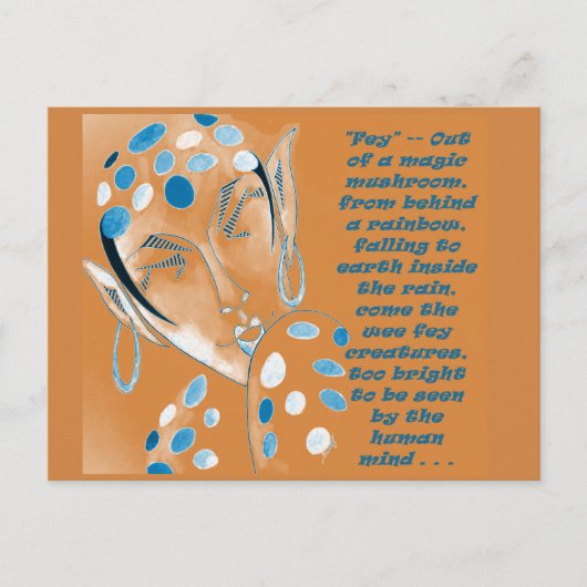 Postkarte mit Originalkunst — Orange Elf mit Text (Vorderseite)