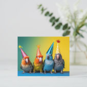 Postkarte mit Papageien mit Party Hats auf (Stehend Vorderseite)