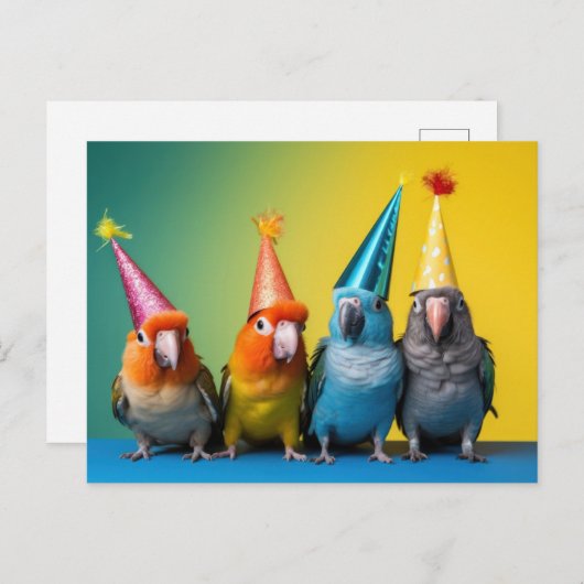 Postkarte mit Papageien mit Party Hats auf (Vorne/Hinten)