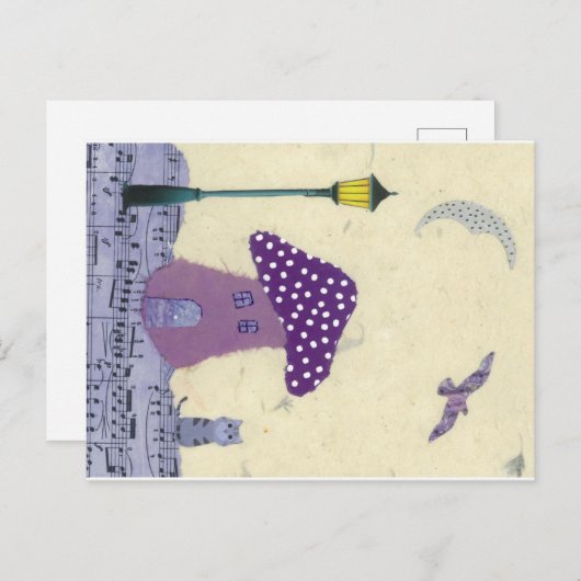 Postkarte mit Pilzhaus, Lampenpost, Katze (Vorne/Hinten)
