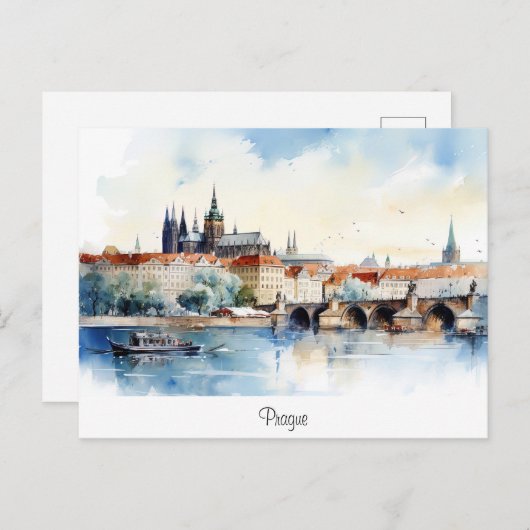 Postkarte mit Prag, bemalte Landschaft. (Vorne/Hinten)