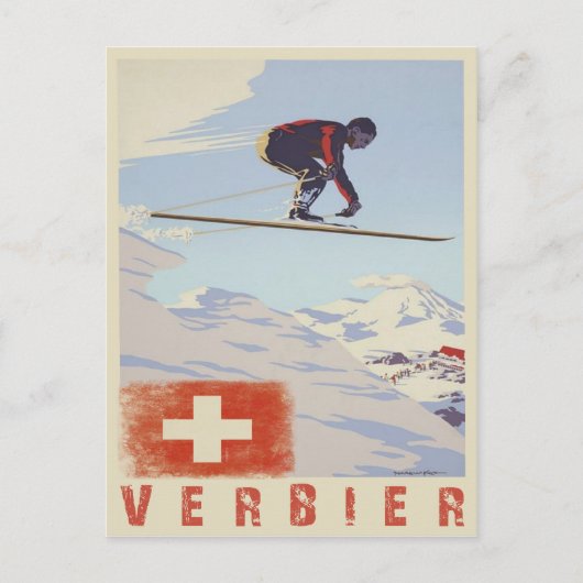Postkarte mit Schweizer Vintager Skidruckerei (Vorderseite)