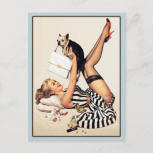 Postkarte mit Vintage-Schatz, der mit ihrem Hund s