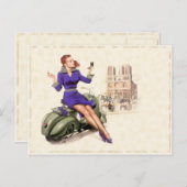 Postkarte mit Vintagem Mädchen auf ihrem Motorrad (Vorne/Hinten)