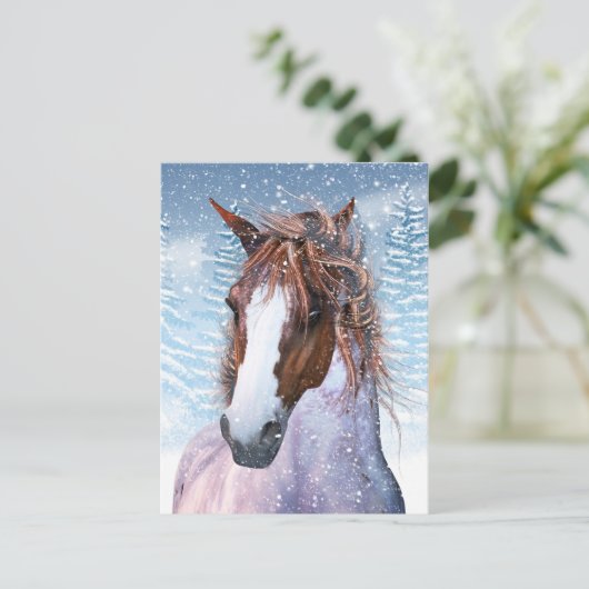 Postkarte mit Winterpferd im Schnee (Stehend Vorderseite)
