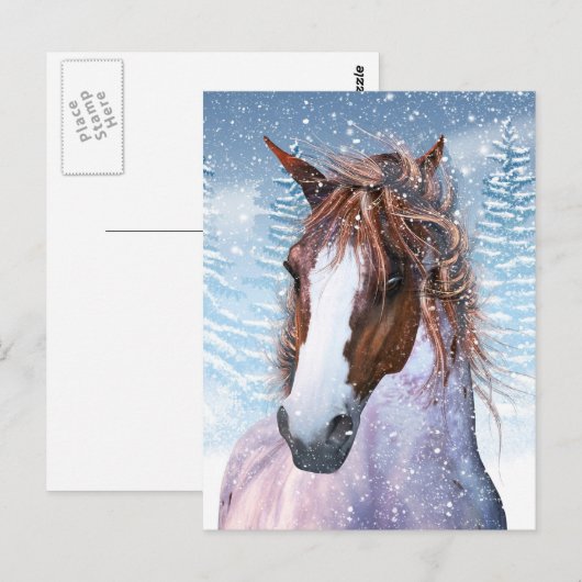 Postkarte mit Winterpferd im Schnee (Vorne/Hinten)