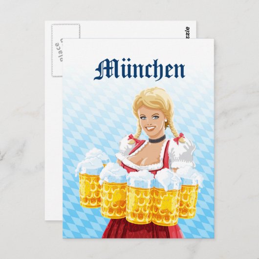 Postkarte München Dirndl Kellnerin Beer Stein (Vorne/Hinten)