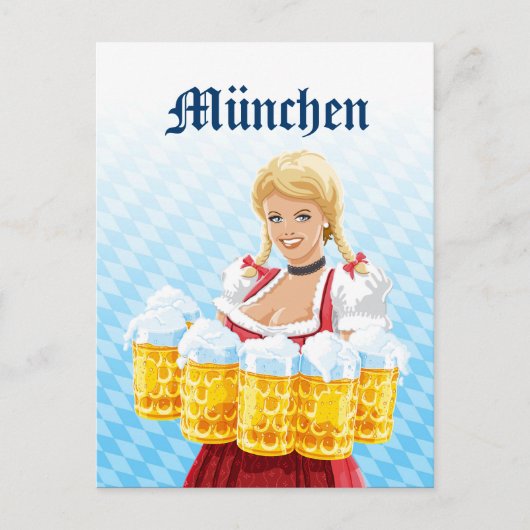 Postkarte München Dirndl Kellnerin Beer Stein (Vorderseite)