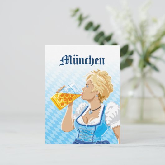 Postkarte München Frau Dirndl Drink Beer (Stehend Vorderseite)