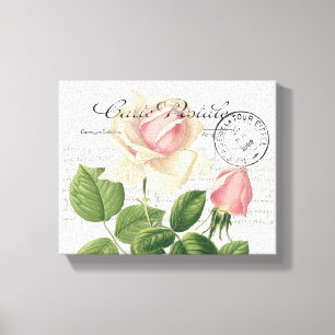 Postkarte Pink Rose französische Schrift Vintage Leinwanddruck
