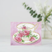 Postkarte - Rosa Rose Wasserfarben Teacup (Stehend Vorderseite)