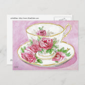 Postkarte - Rosa Rose Wasserfarben Teacup (Vorne/Hinten)
