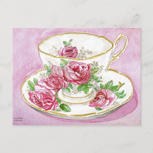 Postkarte - Rosa Rose Wasserfarben Teacup (Vorderseite)